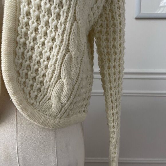 Vintage 80s Exclusive Imports Cropped Cardigan Sweater Fisherman Knit Ivory S M - Picture 4 of 7